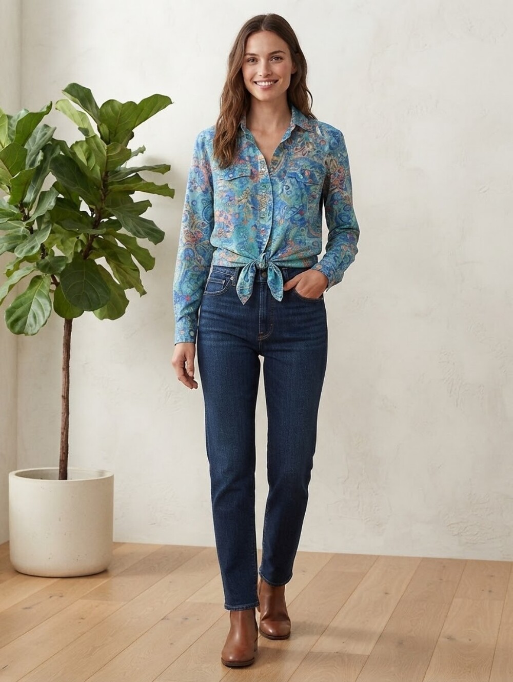 Lauren Ralph Lauren Blue Paisley Print Tie Front Button Down Shirt XL